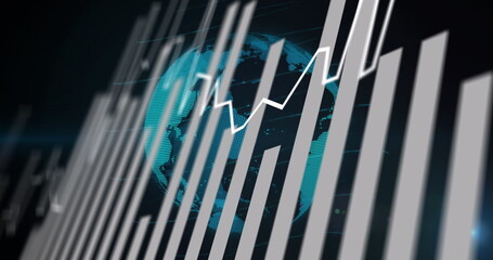 Image of graphs and globe on black background