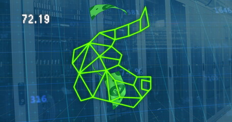 Image of numbers, banknotes and bull head over servers © vectorfusionart