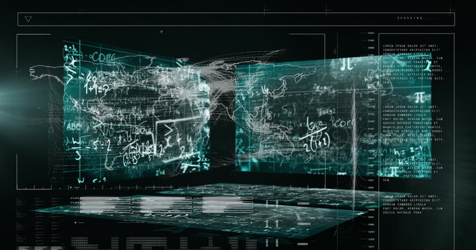 Image of graphical infographic interface with programming data, mathematics formulas and map