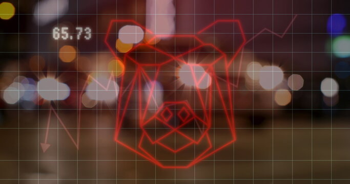 Fototapeta Image of graphs and bear head over blurred road traffic