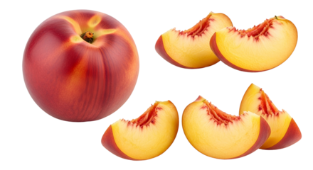 Set of Red Peaches and Juicy Peach Slices Isolated on Transparent Background

