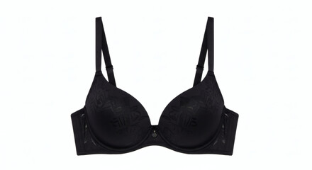 Elegant black push-up bra with delicate patterned design isolated on white background
