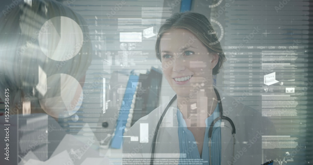 Poster image of interface screen with database over smiling caucasian doctor discussing with coworker