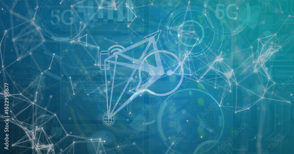 Poster image of computer icons and dots interconnecting with lines and circles with 5g text