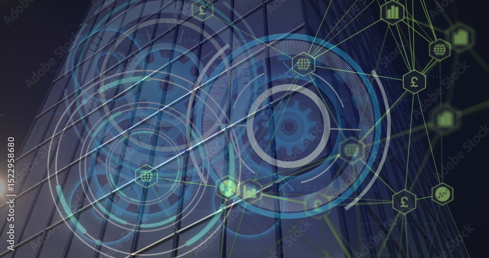 Poster image of profile icons interconnecting with lines and circles with gears against modern building