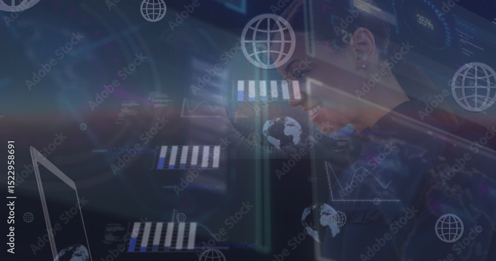 Poster image of moving graphs and computer network icons over happy businesswoman using laptop