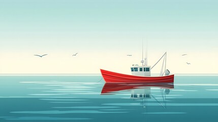 Fototapeta premium Red fishing boat on a calm sea.