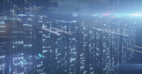 Image of moving columns over cityscape