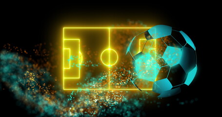 Image of neon soccer ball over soccer field and glitter on black background