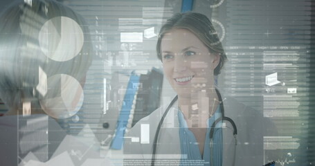 Image of interface screen with database over smiling caucasian doctor discussing with coworker