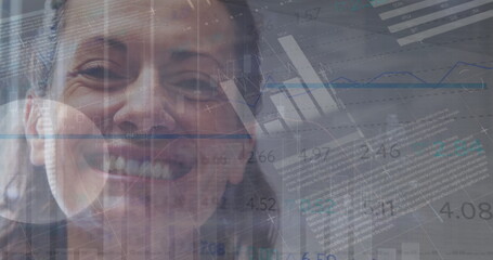 Image of data processing over caucasian female doctor