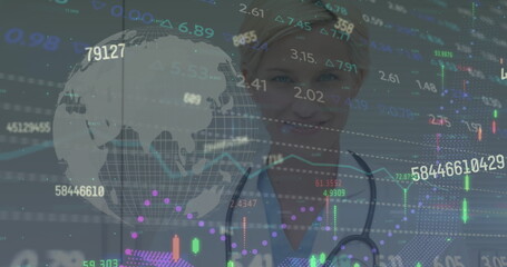 Image of moving counters, line graphs and globe over portrait of smiling caucasian female doctor
