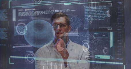 Image of graphical interface with moving coding and charts over thoughtful caucasian doctor