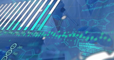 Image of digital globe, multiple graphs, programming data, molecular structure over scientist