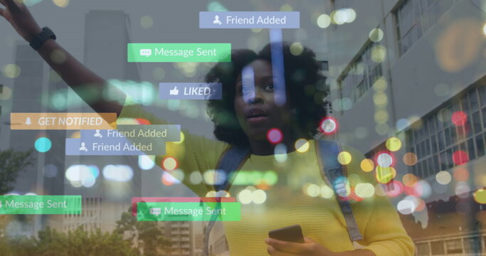 Image of colorful social media notifications while african american woman hailing a ride in city - Powered by Adobe
