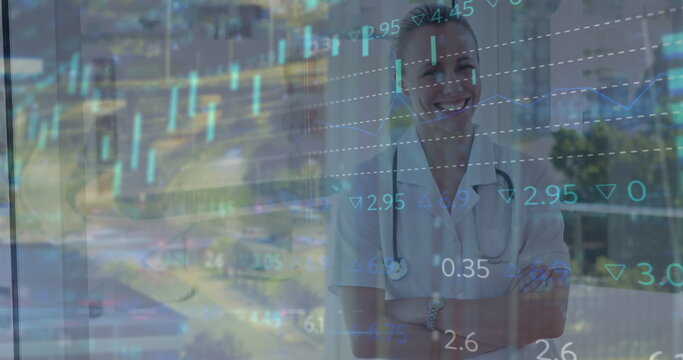 Image of data processing over caucasian female doctor