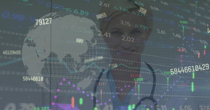 Image of moving counters, line graphs and globe over portrait of smiling caucasian female doctor