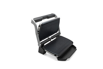 Open Grill with ribbed cooking surfaces isolated on white background. Designed for optimal heat distribution and ease of use.