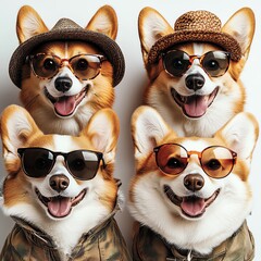Four stylish corgis wearing sunglasses and hats, smiling joyfully.