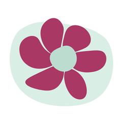 Flat illustration of a simple maroon flower with a teal center on a light green oval. Perfect for modern decor, icons, and floral elements.