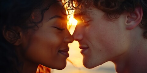 Romantic couple sharing a moment at sunset by the beach.