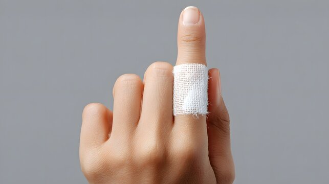 Hand with a Simple White Bandage on the Middle Finger, Indicating a Minor Injury and Care