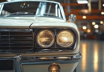 Classic car front with headlights and chrome details in a modern setting.