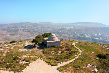 Mount Kabir in Samaria and the tomb of the sheikh or maqam Nebi Belan Ibn Ruba. 4k drone video
