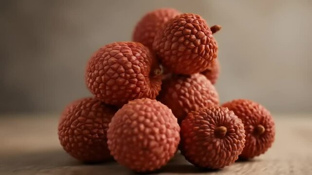 A close-up view of a pile of fresh, ripe lychee fruits arranged on a wooden surface, showcasing their textured skin
