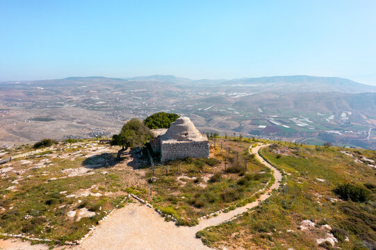 Mount Kabir in Samaria and the tomb of the sheikh or maqam Nebi Belan Ibn Ruba. 4k drone video