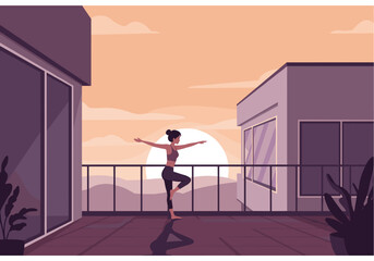 Flat vector of a woman doing morning yoga on balcony with sunrise in background