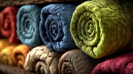 Fototapeta premium Rolled textiles on wooden shelf, colorful arrangement