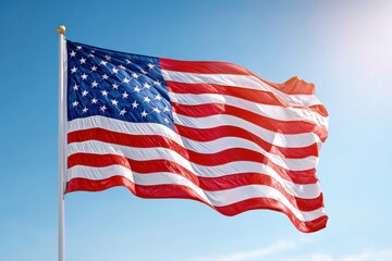 Obraz premium American flag waving in the breeze against a clear blue sky, symbolizing patriotism and national pride, with vibrant colors and dynamic movement capturing the essence of freedom