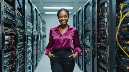 A confident woman smiles as she walks through a modern server room. Rows of servers line the corridor, suggesting advanced technology and efficient data management. - Powered by Adobe