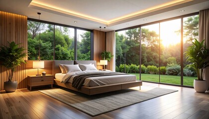 Fototapeta premium Serene Sunset Bedroom with Panoramic View