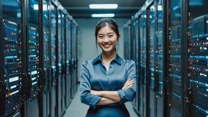 A woman stands confidently in a modern server room, surrounded by advanced technology and data storage systems - Powered by Adobe