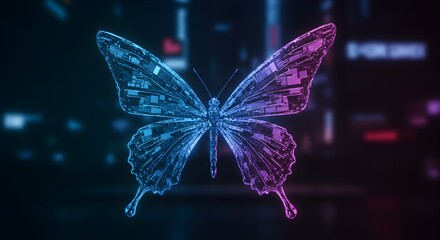 Cyberpunk Butterfly A Digital Insect in Neon Cityscape