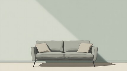 Grey couch in a light-green room.