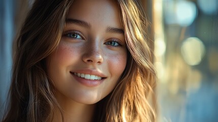 Radiant girl smiles brightly indoors by window