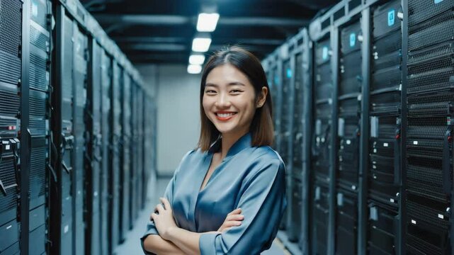 A smiling woman standing in a server room, surrounded by rows of server racks. Her arms are crossed, and she exudes confidence. 
