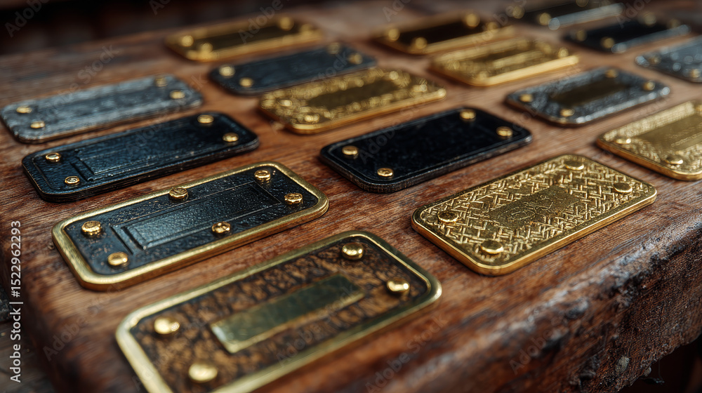 Poster gold name plates with wooden frame and screws isolated on transparent background. vector realistic s