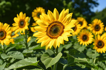 Fototapeta premium Blooming Sunflowers Growing in a Field with Bright Yellow Petals