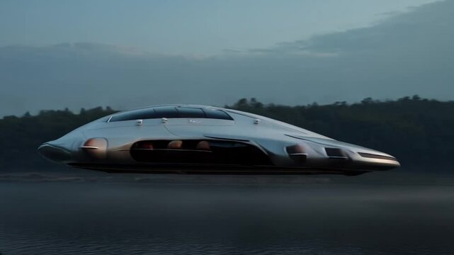 Hovercar glides across foggy water. Perfect for surreal journeys or sleek future tech visuals.