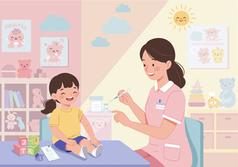 Flat vector of a nurse vaccinating a smiling child in a pediatric clinic