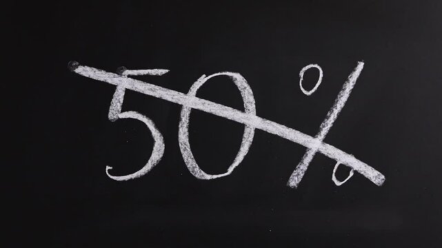 Closeup view of hand crosses 50% on black chalkboard background. End of discount, special rate offer, promotion announcement, advertising, tax cut, tariffs increase, off season price decrease