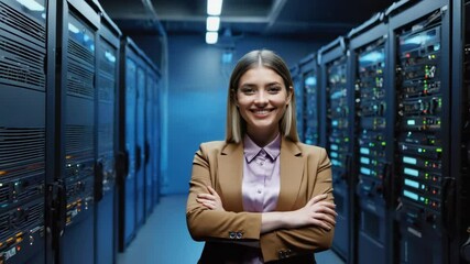 A confident woman stands in the data center, demonstrating technological advancement. The woman looks directly at the camera with a happy smile.