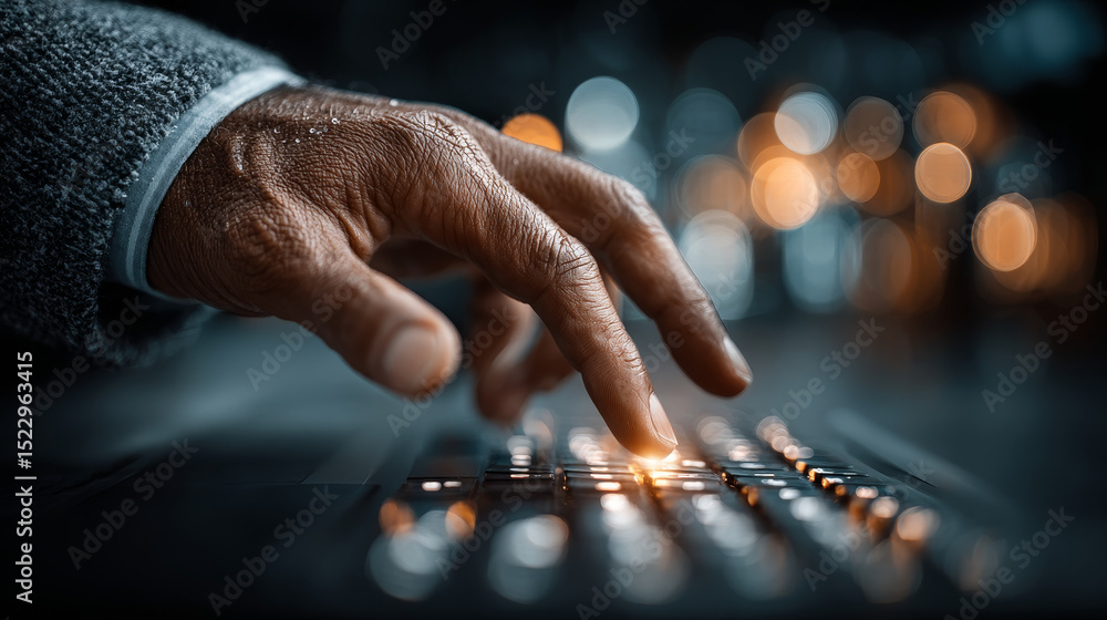 Poster finance technology: businessman touching and analyzing data, digital transactions, blockchain integr