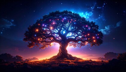 Obraz premium Enchanted Tree of Lights Under a Starlit Sky