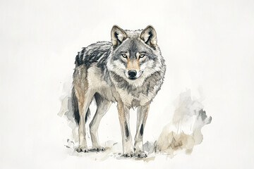 Fototapeta premium Watercolor Painting of a Majestic Gray Wolf Standing Alert with Intense Stare