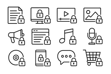 Icon set representing digital content security with locks for various media and devices